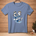 Two melting snowmen in swim trunks and hats stand in puddles, one on a phone.