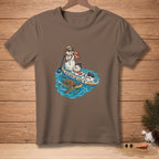 Two snowmen on a paddleboard with a sea turtle and the text "GO WITH THE FLOW."