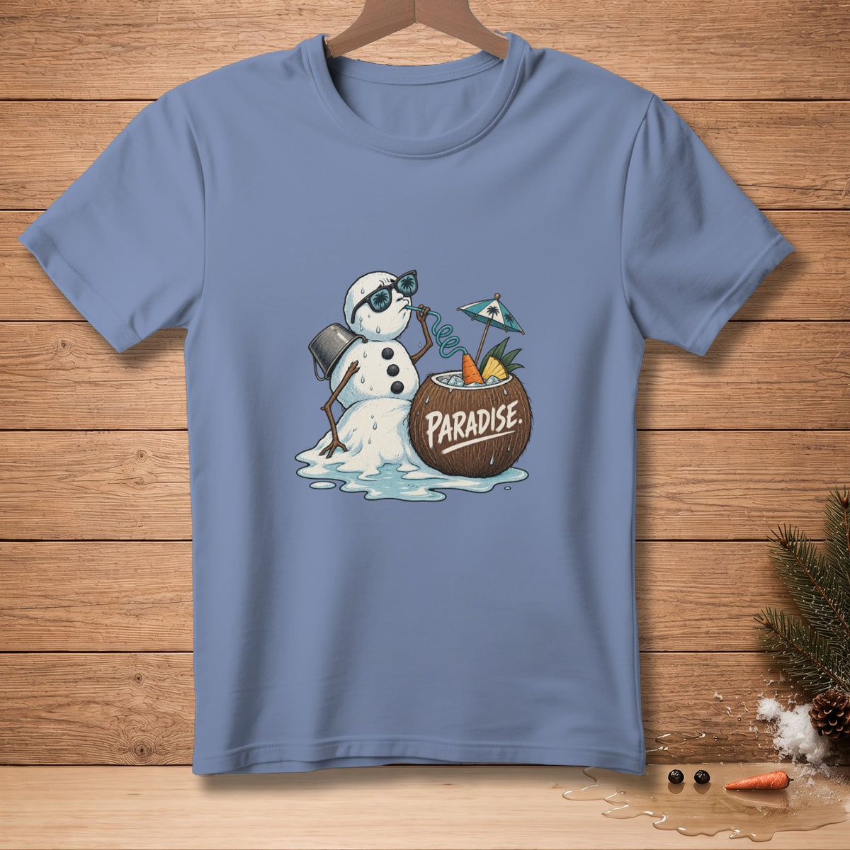 Melting snowman wearing sunglasses drinks from a coconut labeled PARADISE.