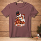 Snowman wearing a top hat eating a bowl of crispy bacon.