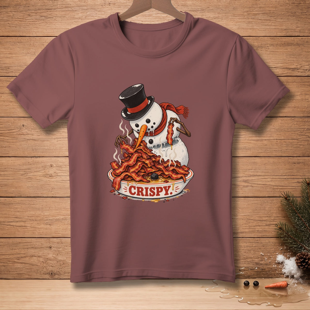 Snowman wearing a top hat eating a bowl of crispy bacon.