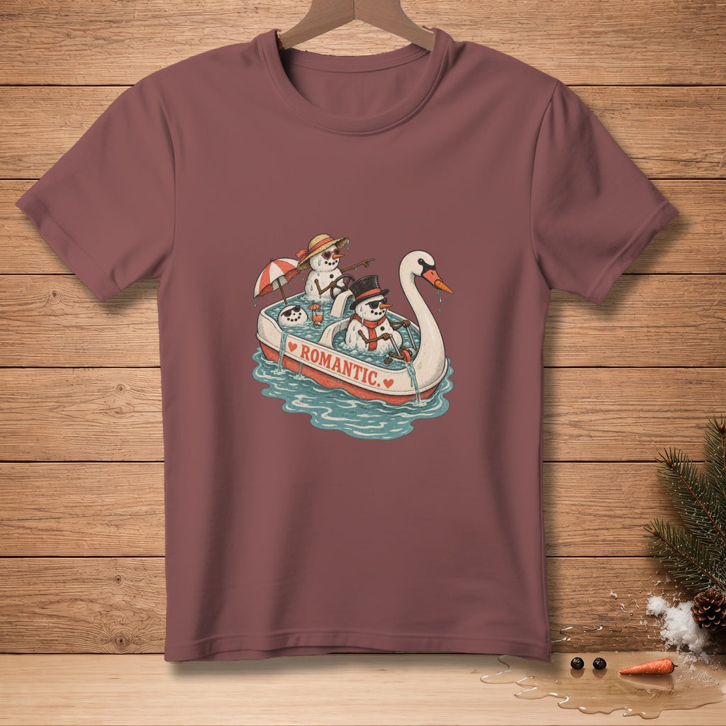 Snowmen in a boat pulled by a swan with the word ROMANTIC on the side.
