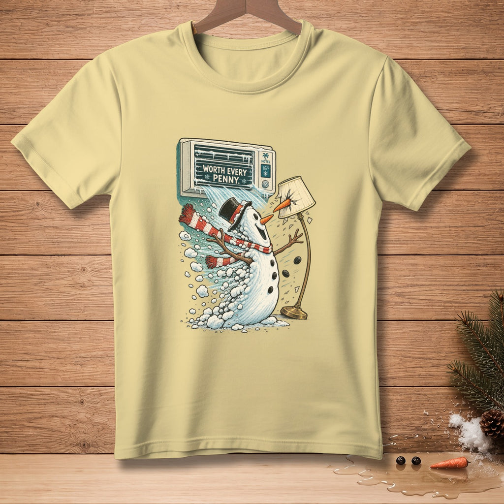 Yellow t-shirt with a snowman graphic and text "WORTH EVERY PENNY."
