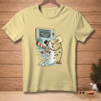 Yellow t-shirt with a snowman graphic and text "WORTH EVERY PENNY."