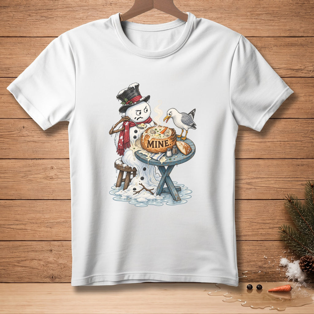 Snowman in top hat eats soup from bread bowl with a seagull nearby, text "MINE".