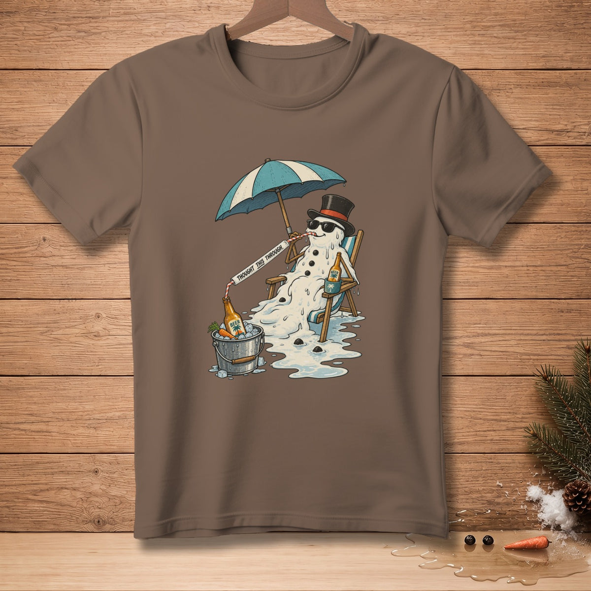 Melting snowman in a lounge chair under an umbrella, with beer and text.