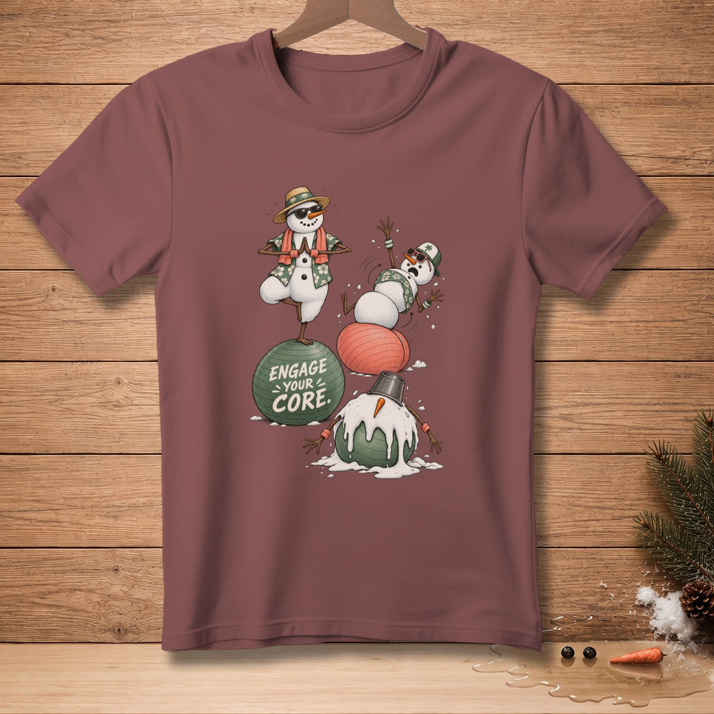 Funny snowmen doing yoga and falling on exercise balls with text "Engage Your Core".