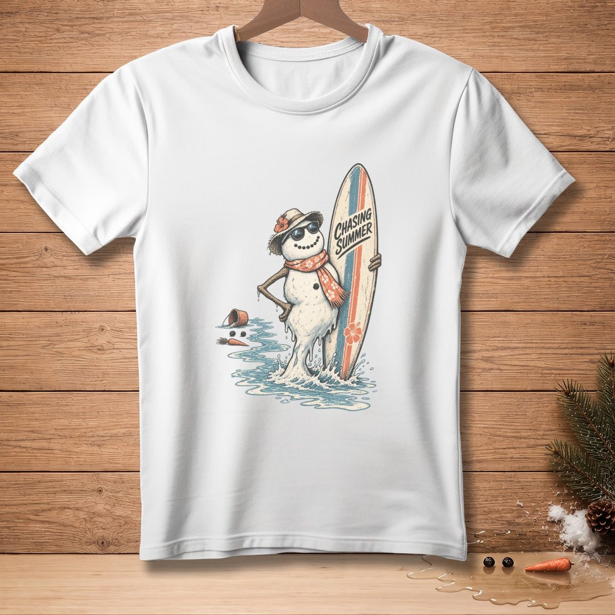 Melting snowman with sunglasses and scarf holding a surfboard with "Chasing Summer" text.