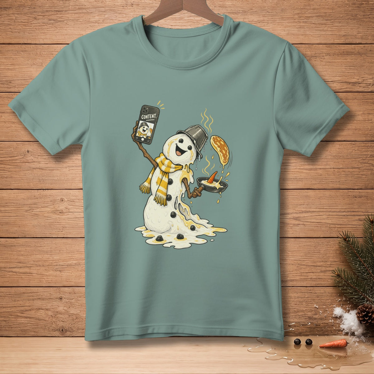 Melting snowman making pancakes and taking a selfie for "Content".