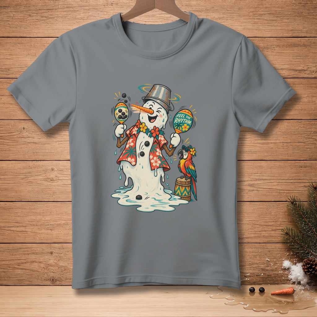 Melting snowman in Hawaiian shirt playing maracas with parrot and text "Feel the Rhythm".