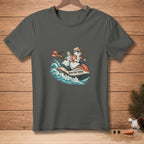 Three snowmen riding a jet ski with text "ROOM FOR THREE."