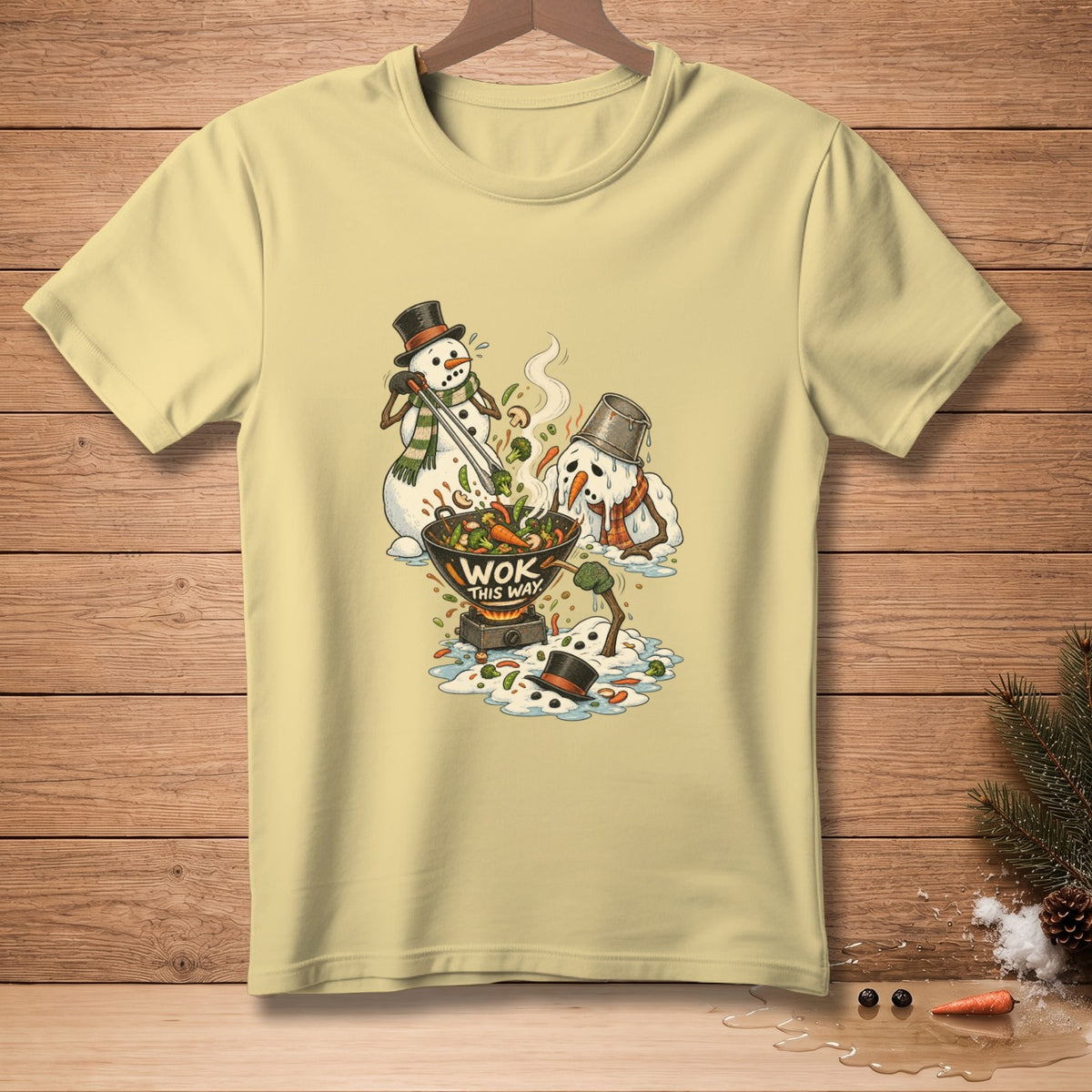Snowmen cooking in a wok with "Wok This Way" text.