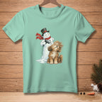 Melting snowman with hairdryer and shaggy dog graphic on a teal t-shirt.