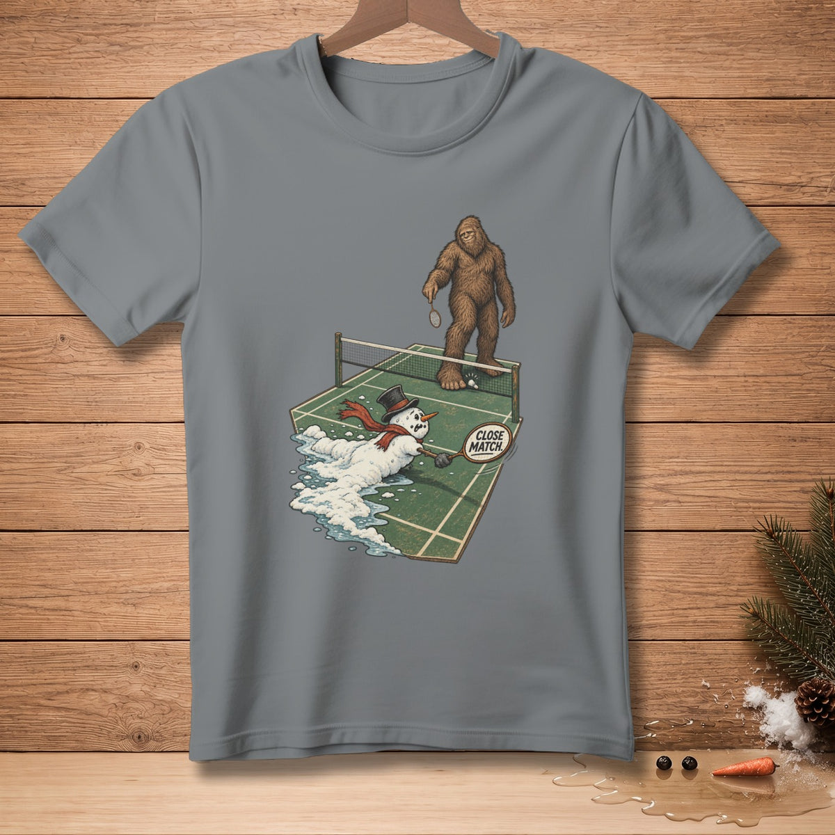 Bigfoot plays tennis against a melting snowman on a court.