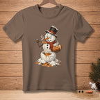Melting snowman in a top hat eating soup from its own belly, with "REFILLS?" text.