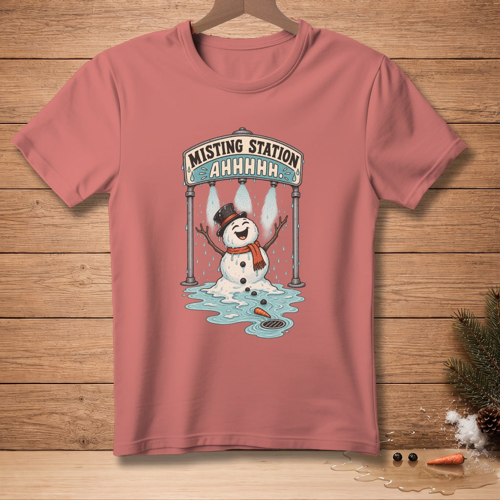 T-shirt with snowman at misting station and "AHHHHH" text.