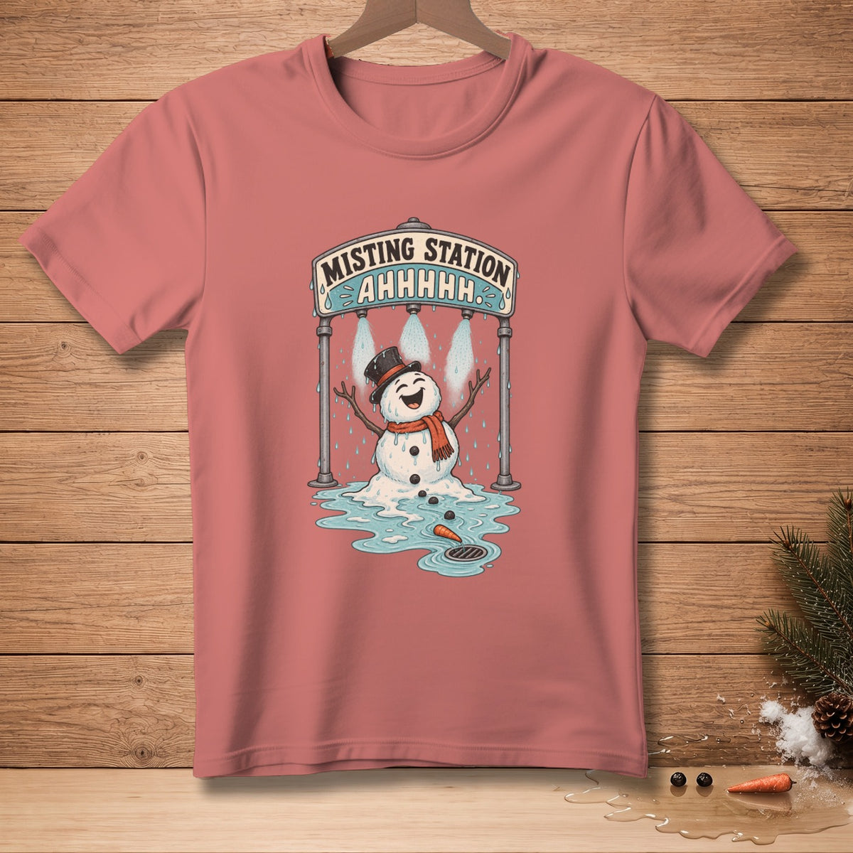 T-shirt with snowman at misting station and "AHHHHH" text.