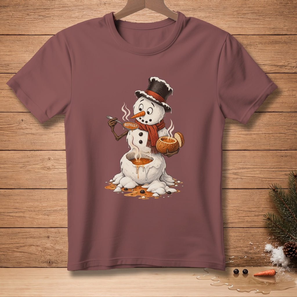 Melting snowman in a top hat and scarf eating soup with the text "REFILLS?".