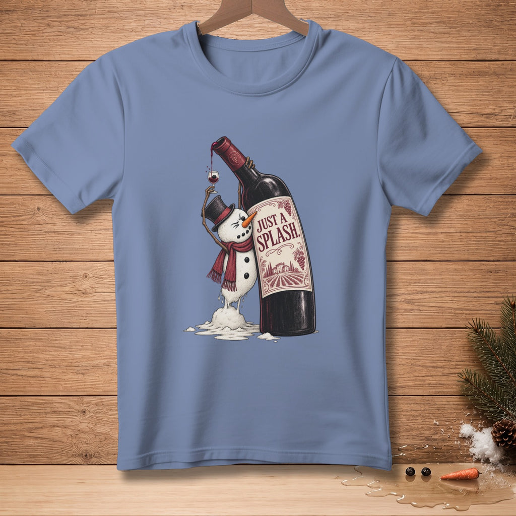 Snowman in a hat and scarf pouring wine from a bottle labeled "Just a Splash".