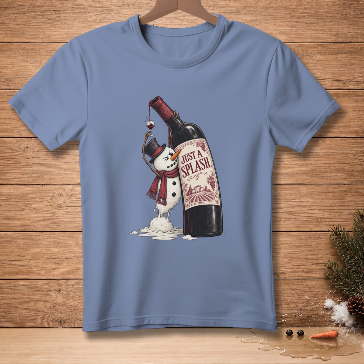 Snowman in a hat and scarf pouring wine from a bottle labeled "Just a Splash".