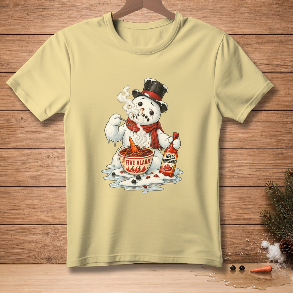 Light yellow t-shirt with a snowman eating spicy chili, labeled "Five Alarm".