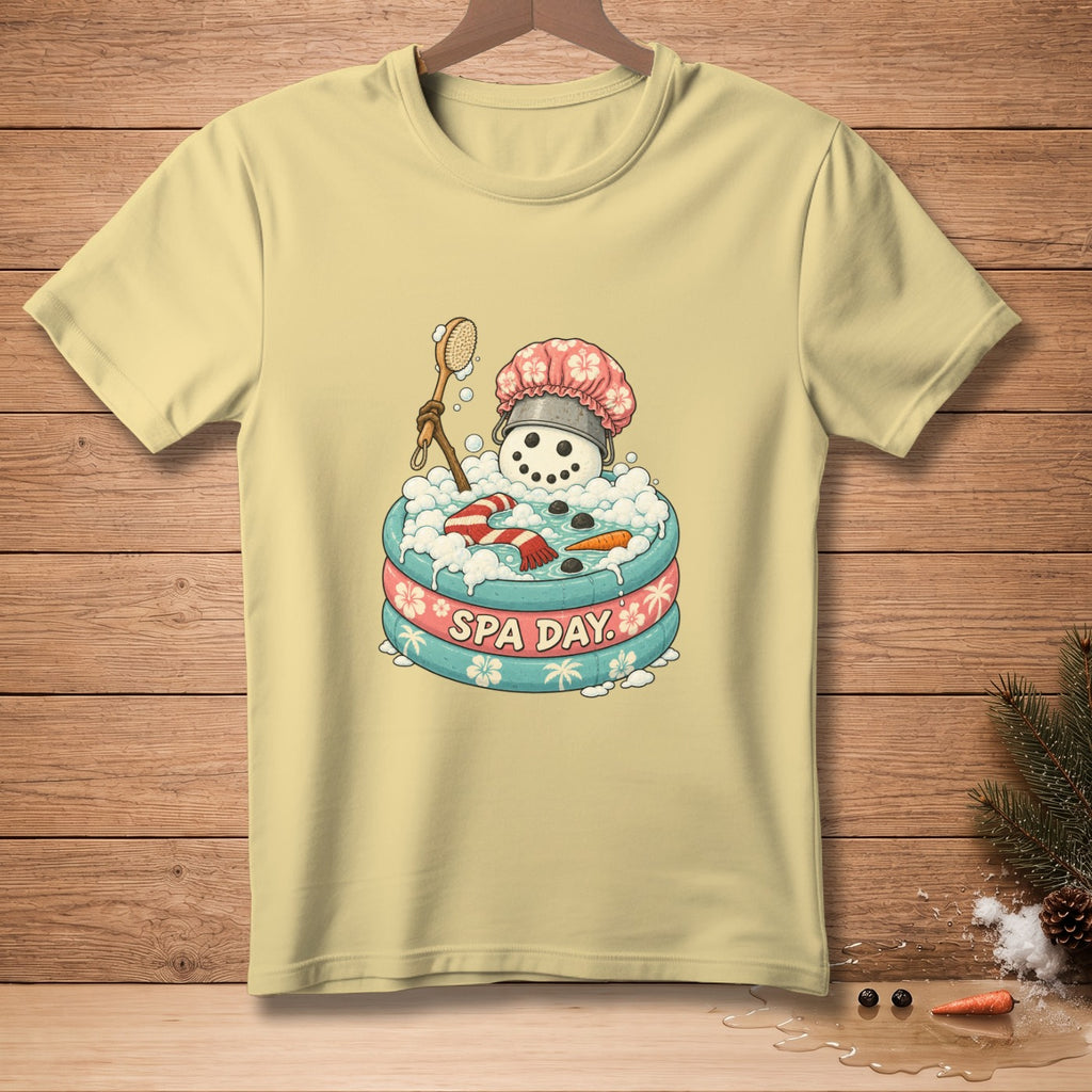 Snowman in a bathtub with "Spa Day" text and tropical flower trim.