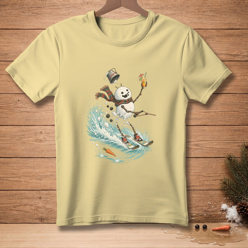 Snowman skiing with a drink and a bucket falling, on a light yellow t-shirt.