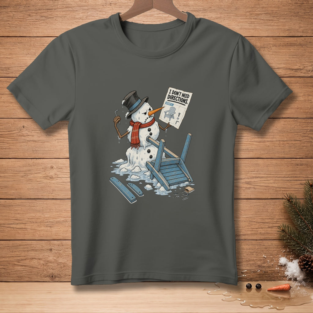 Snowman with instructions and broken chair, text "I don't need directions."