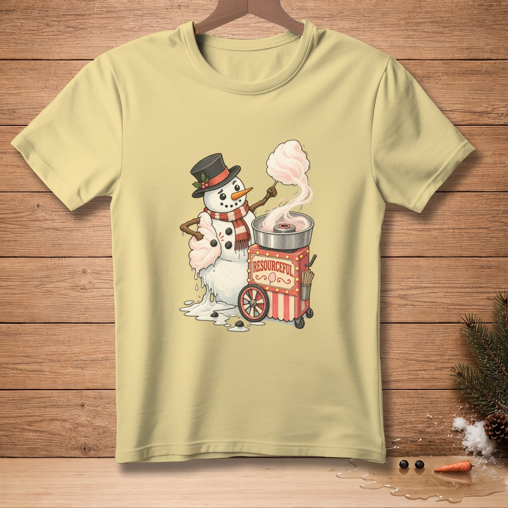 Snowman making cotton candy next to a resource cart with stick.