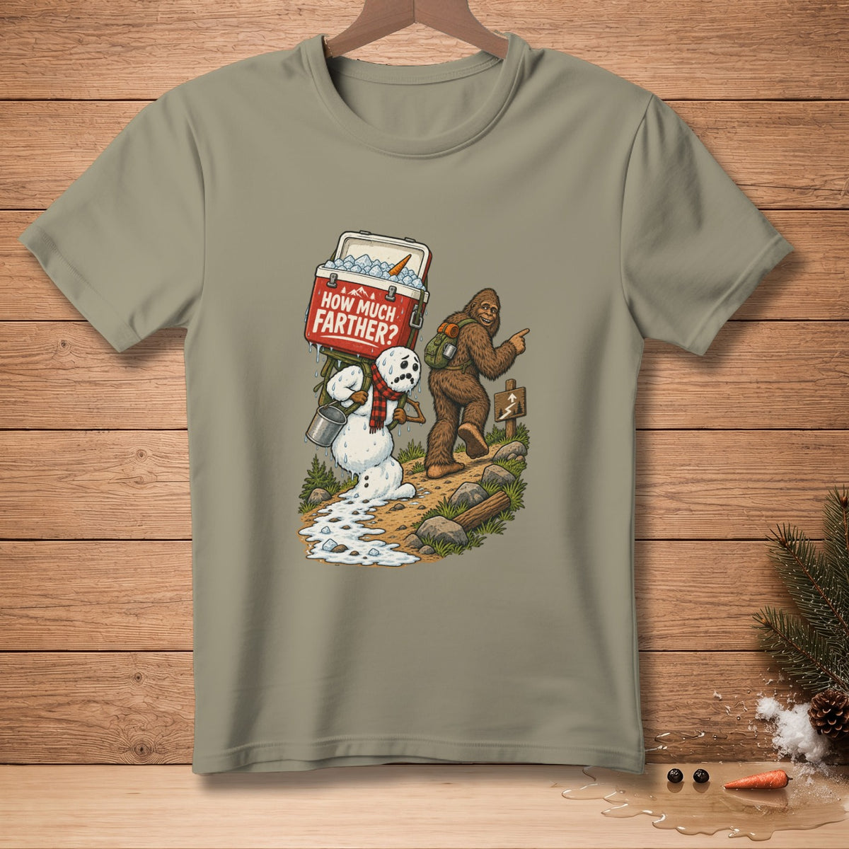 Bigfoot points the way for a melting snowman carrying a cooler that reads "How Much Farther?".