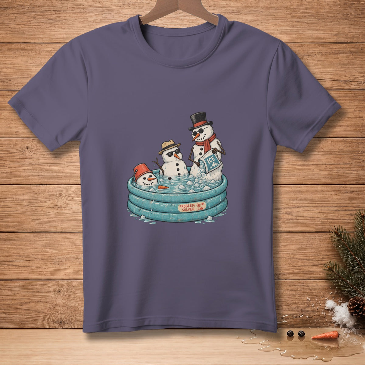 Three snowmen relax in a blue inflatable pool with ice and text that says "Problem Solved."
