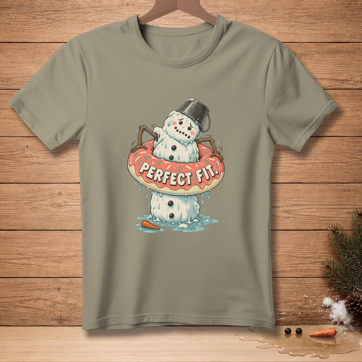 T-shirt with melting snowman stuck in a donut with "PERFECT FIT" text.