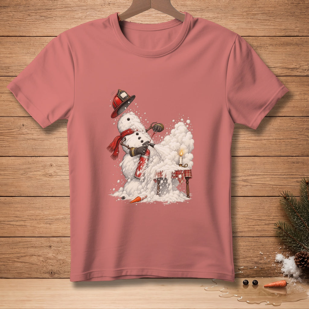 Snowman in a firefighter helmet using a fire extinguisher on a candle.
