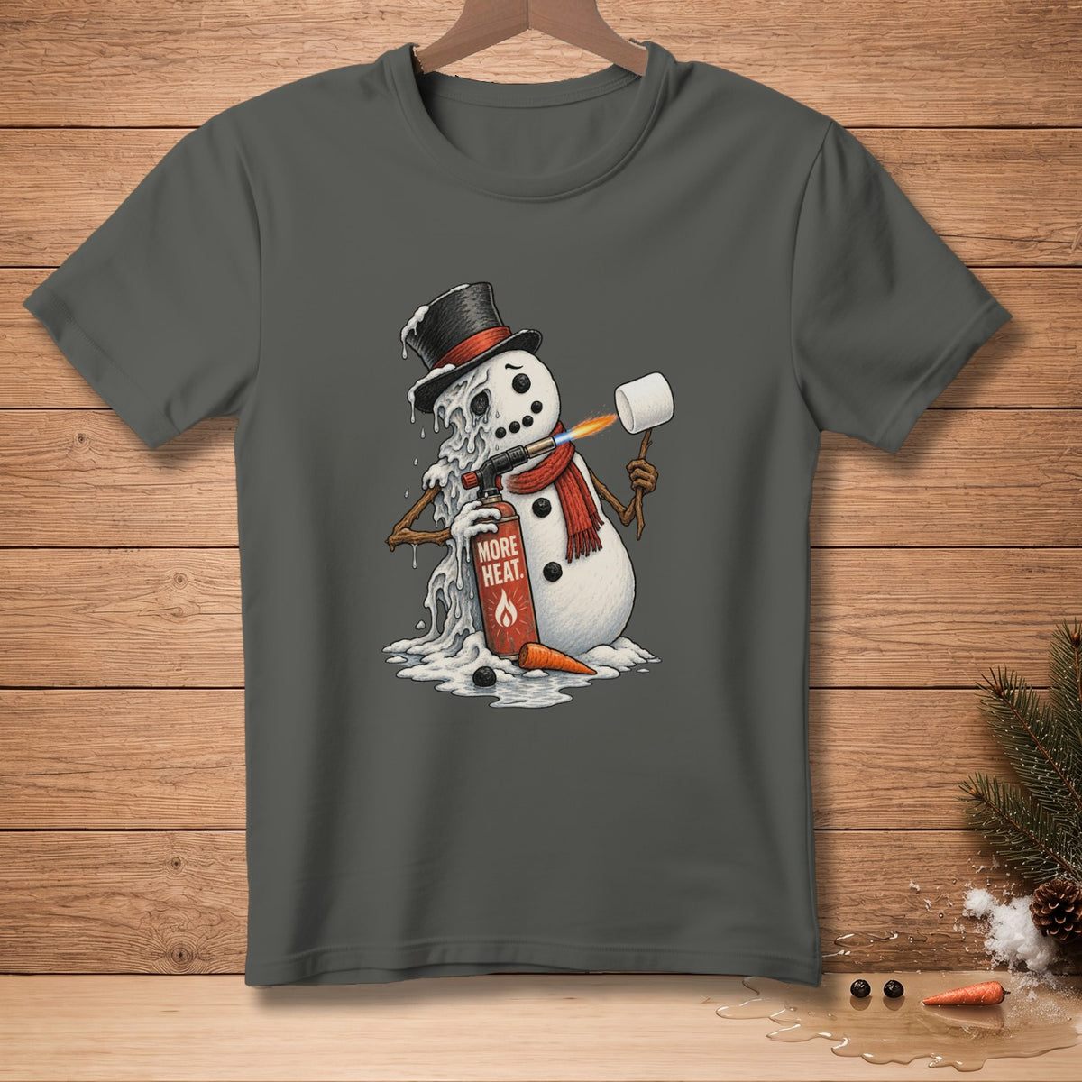 Melting snowman with a blow torch and a marshmallow on a grey t-shirt.