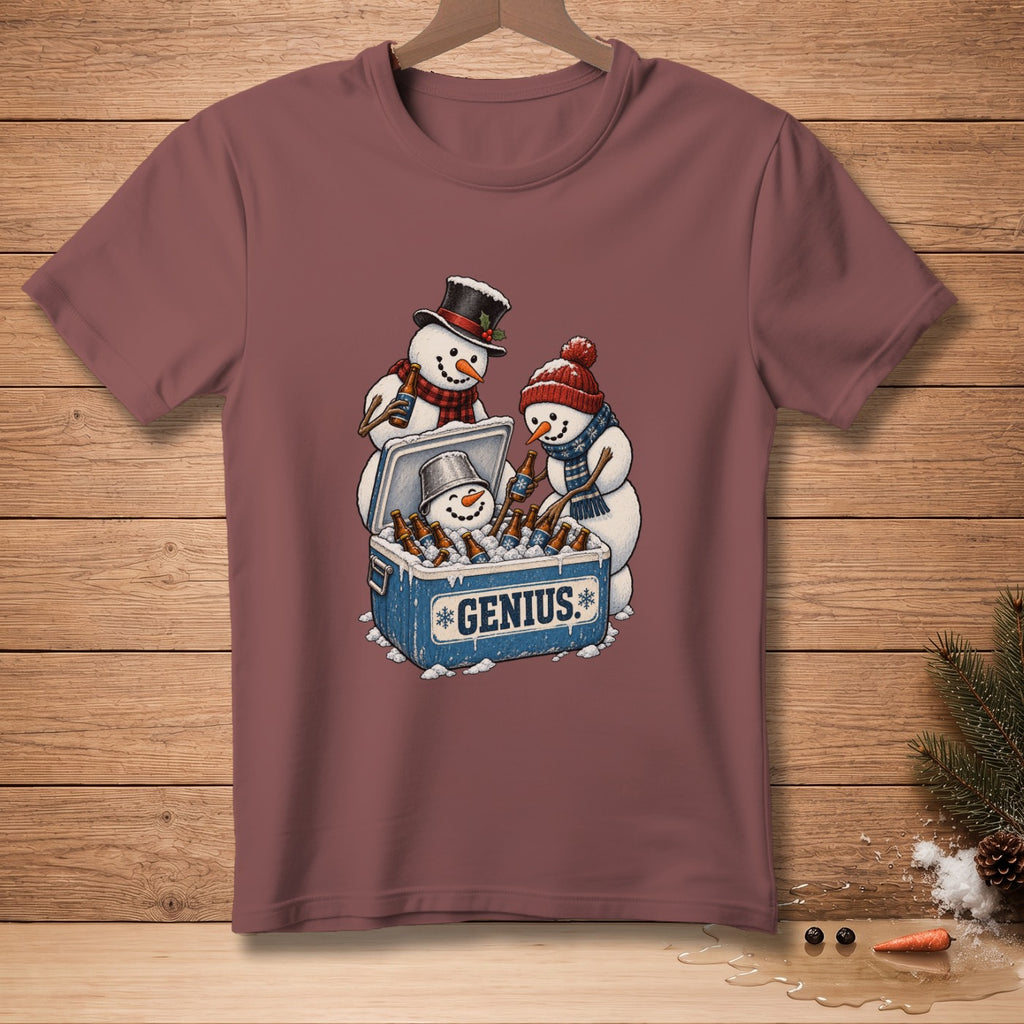 Three snowmen with festive hats and scarves chill beer in a cooler labeled "GENIUS."