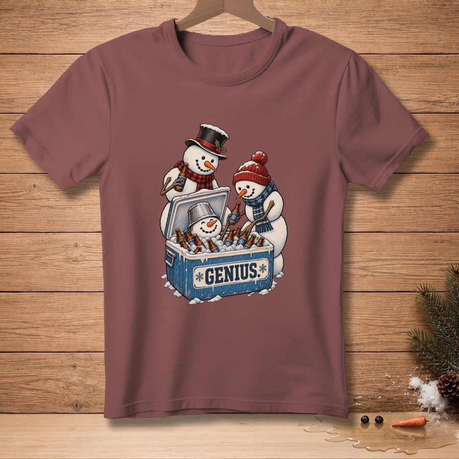 Three snowmen with festive hats and scarves chill beer in a cooler labeled "GENIUS."