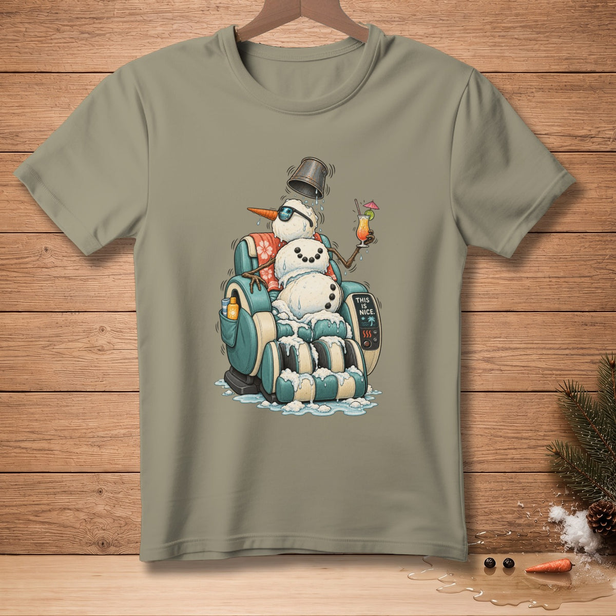 Snowman in massage chair with drink, text "THIS IS NICE".