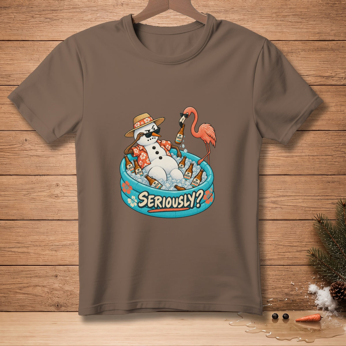 Snowman in pool with beer and flamingo, text "SERIOUSLY?".