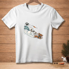A snowman with a carrot nose and bucket hat chases a dachshund with "Who's walking who?" sign.