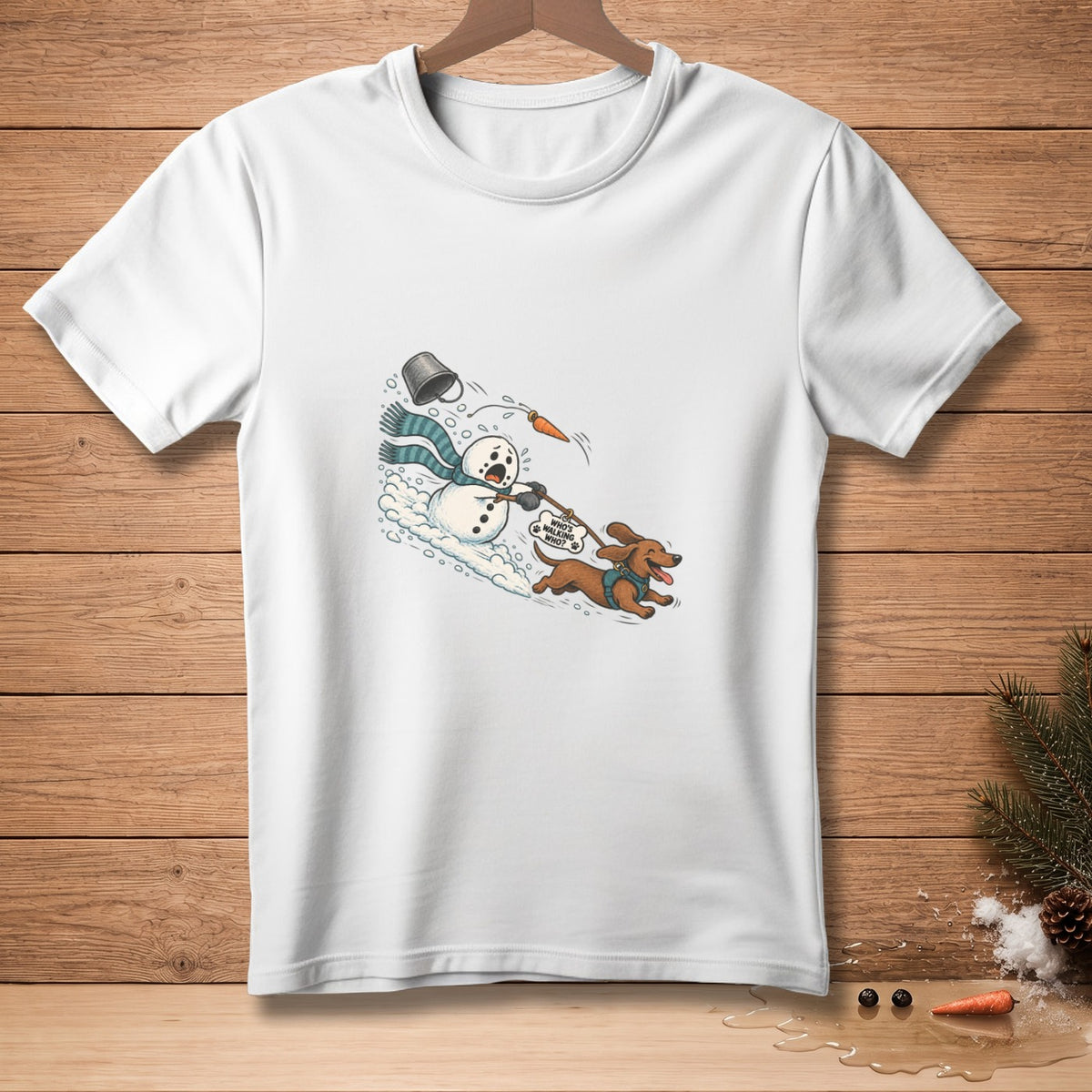 A snowman with a carrot nose and bucket hat chases a dachshund with "Who's walking who?" sign.