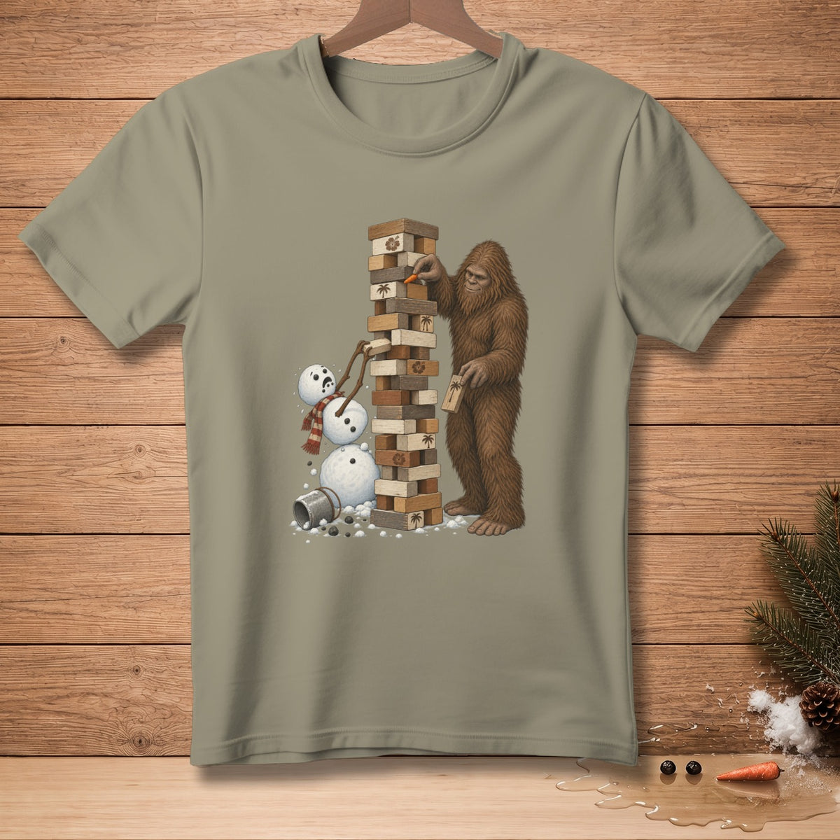 Bigfoot playing Jenga with snowmen near a Christmas tree.