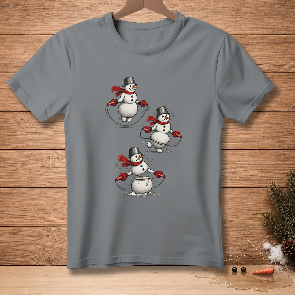 Grey t-shirt with a graphic of three snowmen jump roping.
