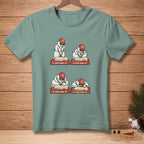 Four cartoon snowmen in lifeguard hats practice CPR on a training dummy.
