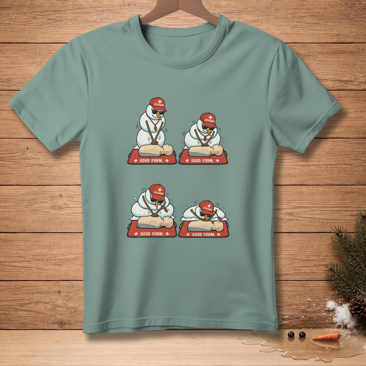 Four cartoon snowmen in lifeguard hats practice CPR on a training dummy.