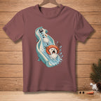 Snowman sliding down a water slide with safety device around neck.