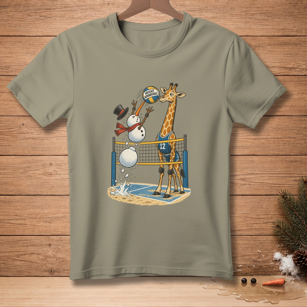 Snowmen playing volleyball against a giraffe with "Height Advantage" on the ball.