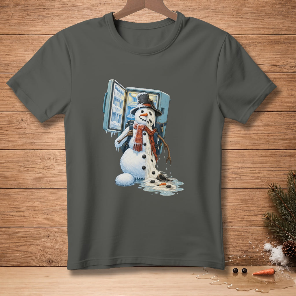 Melting snowman wearing a hat and scarf peeks out of a refrigerator.