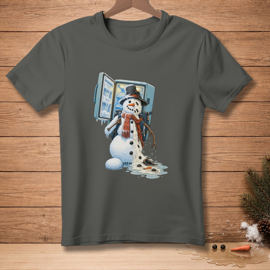 Melting snowman wearing a hat and scarf peeks out of a refrigerator.