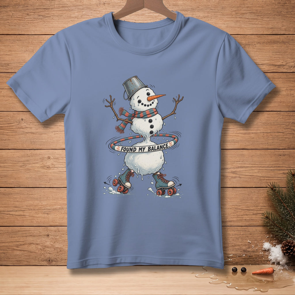 Snowman on roller skates hooping and reading "Found My Balance".