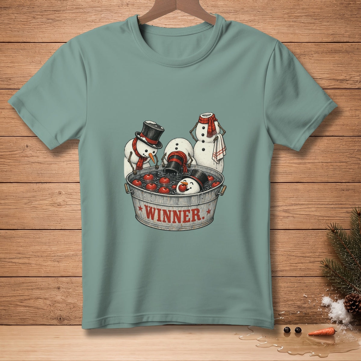 Snowmen bobbing for apples in a tub labeled "WINNER."